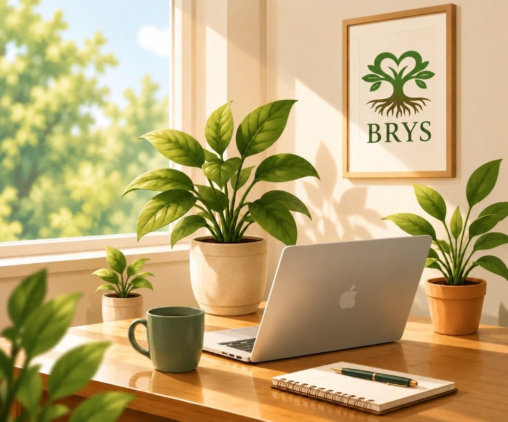 Bright workspace with plants, laptop, and Brighter Roots artwork