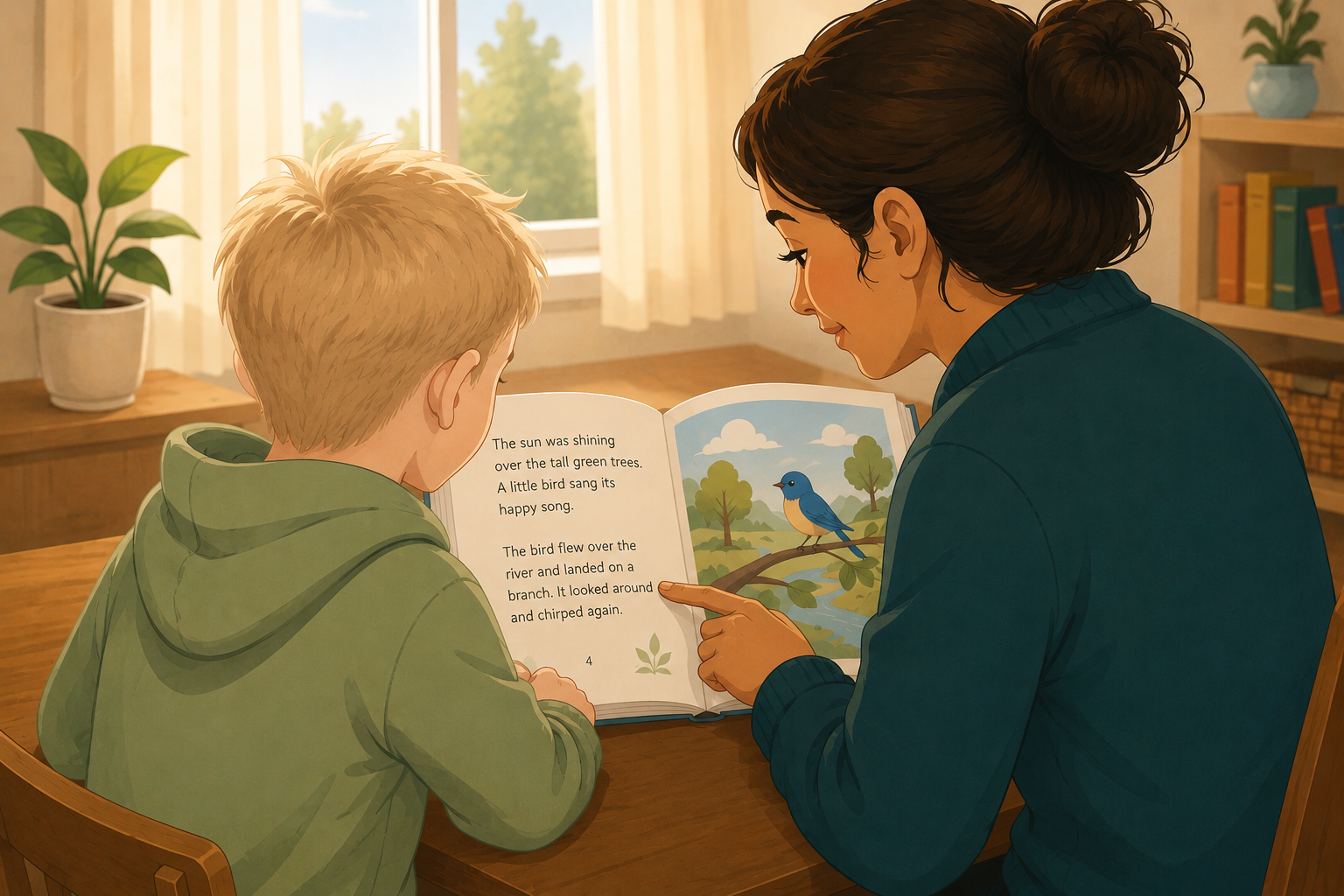 Caregiver reading with a child at a table